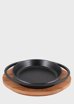 Чугунная сковородка для подачи Lava 16см с деревянной подставкой, фото
